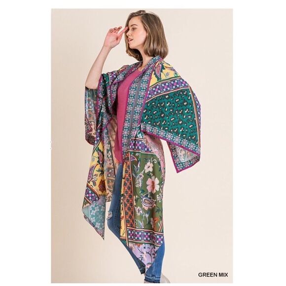 𝅺MIXED Scarf Print Angel Sleeve Open Front Kimono - Picture 1 of 10